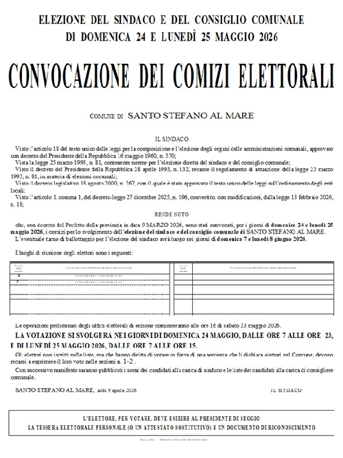 Elezione del Sindaco e del Consiglio Comunale di domenica 24 e lunedi 25 maggio 2026. Convocazione dei comizi elettorali