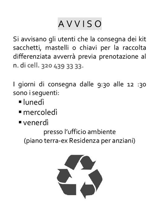 avviso orari consegna materiale raccolta differenziata