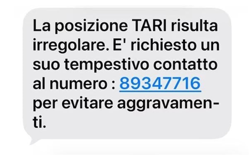 "Posizione TARI irregolare", attenzione alla nuova truffa via SMS